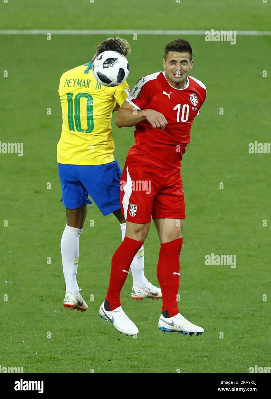 Group E Serbia v Brazil - FIFA World Cup Russia 2018 Neymar (Brazil) and Dusan Tadic (Serbia) at Spartak Stadium in Moscow, Russia on June 27, 2018. (Photo by Matteo Ciambelli/NurPhoto)  Stock Photo