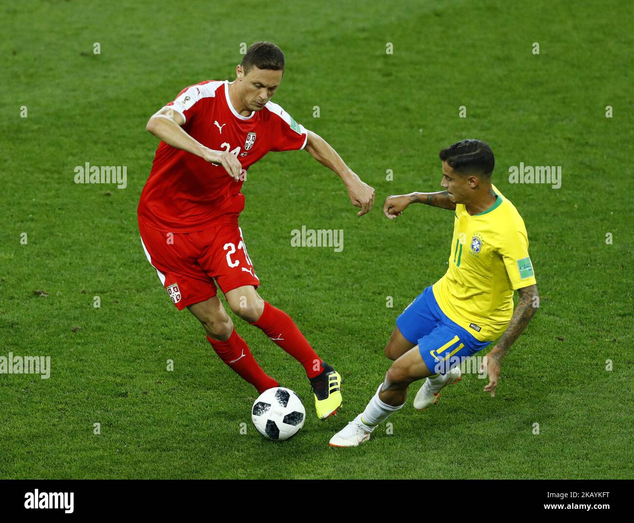 Group E Serbia v Brazil - FIFA World Cup Russia 2018 Nemanja Matic (Serbia) and Coutinho Philippe (Brazil) at Spartak Stadium in Moscow, Russia on June 27, 2018. (Photo by Matteo Ciambelli/NurPhoto)  Stock Photo