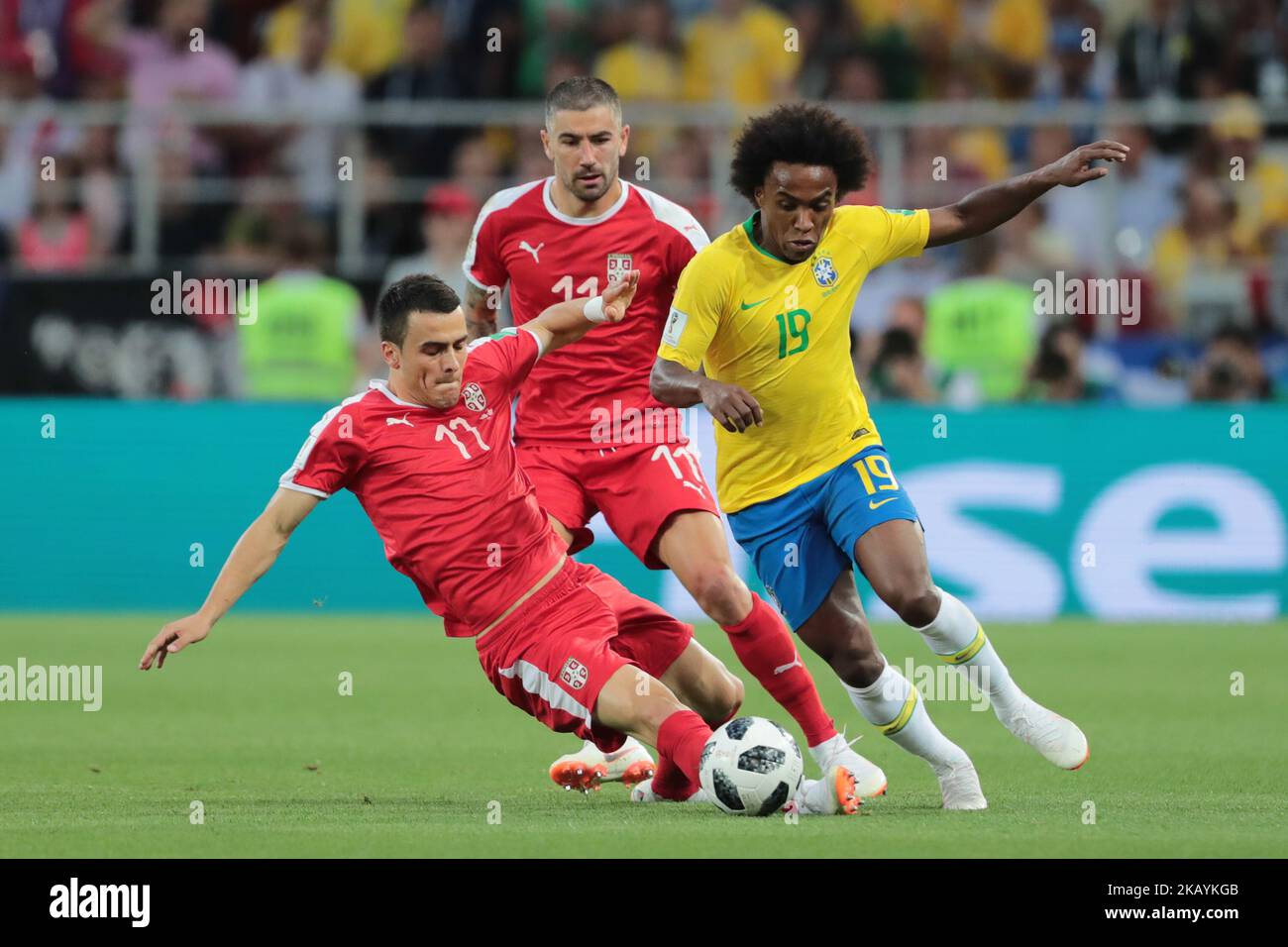 defender Aleksandar Kolarov of Serbia National team and midfielder William of Brazil National team during the group C match between Serbia and Brasil at the FIFA World Cup 2018 at Spartak Stadium in Moscow, Russia, Wensday, June 27, 2018. (Photo by Anatolij Medved/NurPhoto) Stock Photo