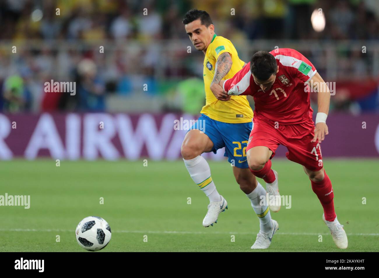 defender Fagner of Brazil National team and defender Aleksandar Kolarov of Serbia National team during the group C match between Serbia and Brasil at the FIFA World Cup 2018 at Spartak Stadium in Moscow, Russia, Wensday, June 27, 2018. (Photo by Anatolij Medved/NurPhoto) Stock Photo