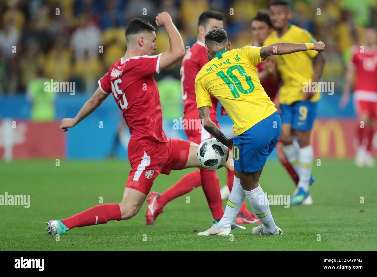 defender Nikola Milenkovic of Serbia National team and forward Neymar of Brazil National team during the group C match between Serbia and Brasil at the FIFA World Cup 2018 at Spartak Stadium in Moscow, Russia, Wensday, June 27, 2018. (Photo by Anatolij Medved/NurPhoto) Stock Photo