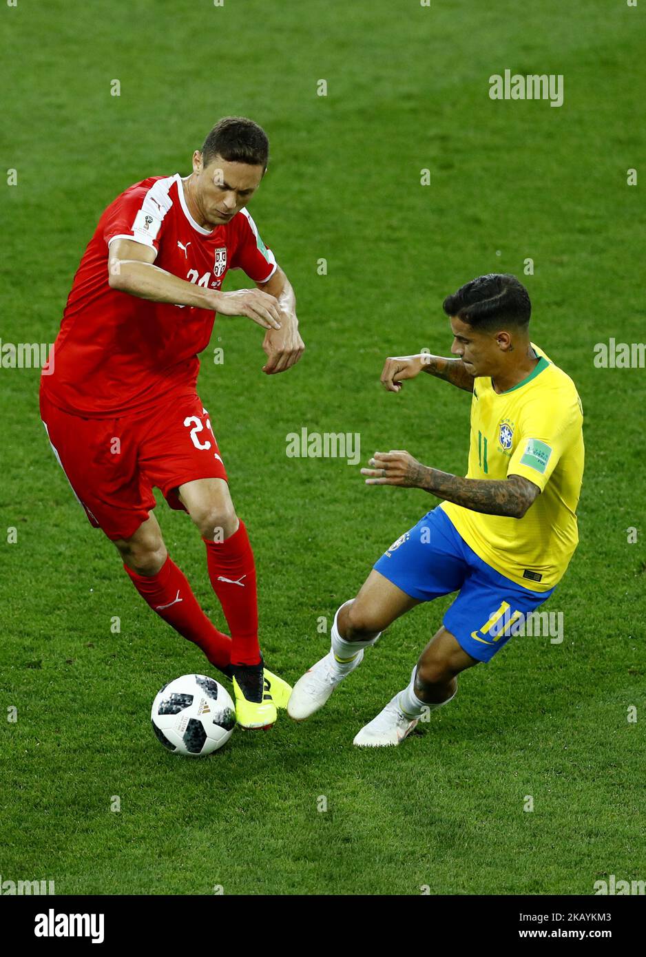 Group E Serbia v Brazil - FIFA World Cup Russia 2018 Nemanja Matic (Serbia) and Coutinho Philippe (Brazil) at Spartak Stadium in Moscow, Russia on June 27, 2018. (Photo by Matteo Ciambelli/NurPhoto)  Stock Photo