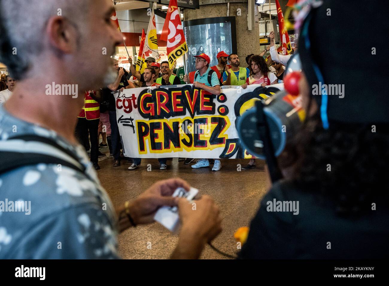 CGT union protests against Macron government reforms in Lyon, France, June 28, 2018. Several thousand protesters marched through the streets of the city, including railway workers on strike for several weeks against the reform of the SNCF. (Photo by Nicolas Liponne/NurPhoto) Stock Photo