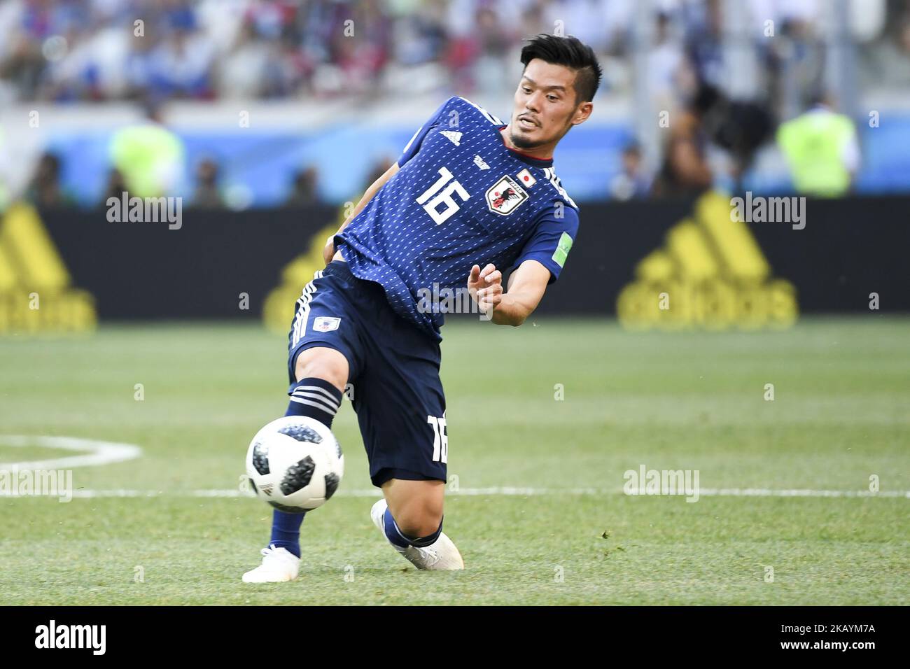 Hotaru Yamaguchi of Japan kicks the ball during the 2018 FIFA World Cup Group H match between Japan and Poland at Volgograd Arena in Volgograd, Russia on June 28, 2018 (Photo by Andrew Surma/NurPhoto) Stock Photo