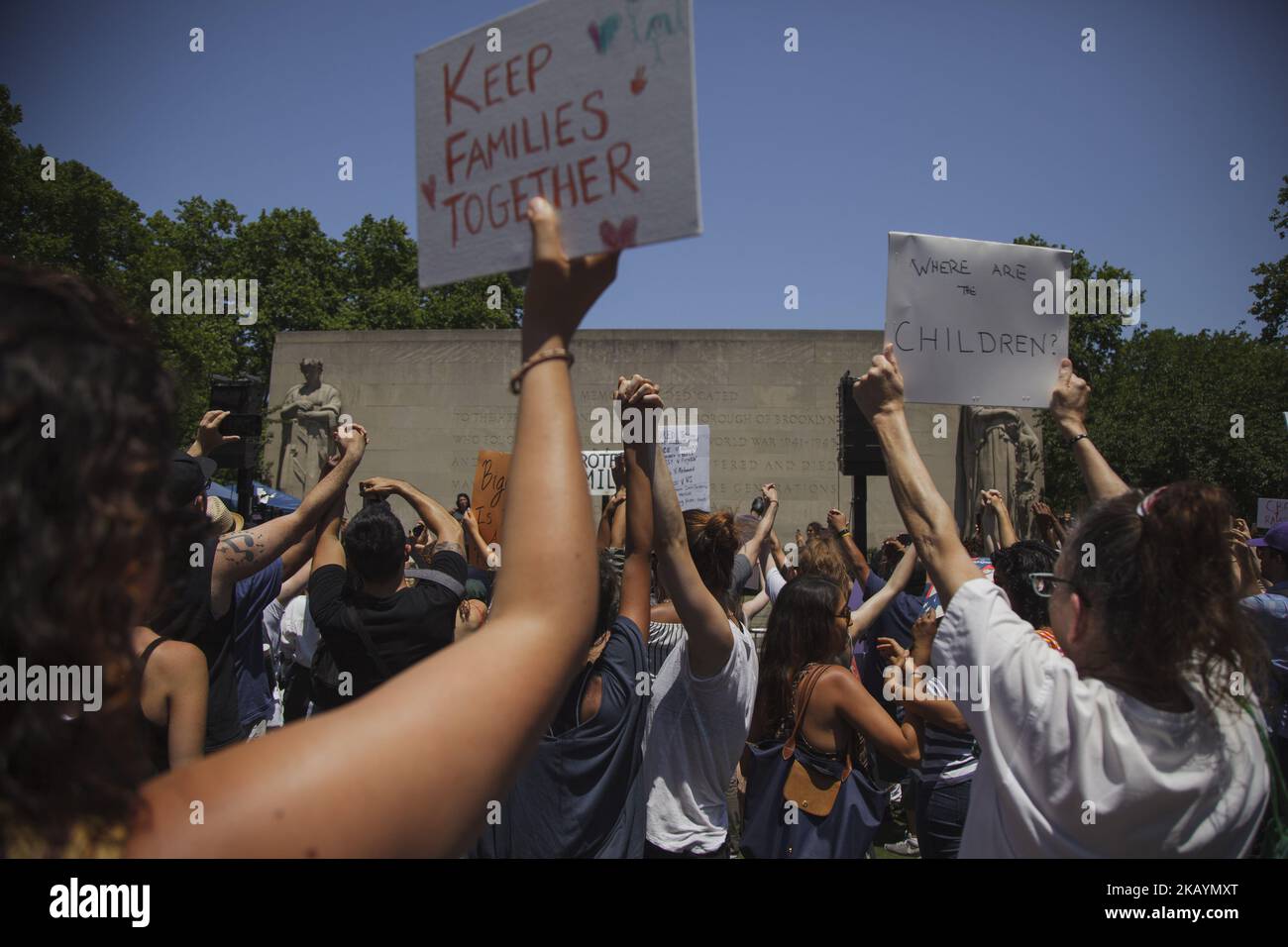 Protesters assembled in Cadman Plaza for speakers such as Al Sharpton, Amy Schumer and immigrant and youth leaders in New York, US, 30 June 2018. Protesters marched from Foley Square to Cadman Plaza in support of Families being reunited after Trump's Zero Tolerance policy has separated thousands of families. (Photo by Shay Horse/NurPhoto) Stock Photo