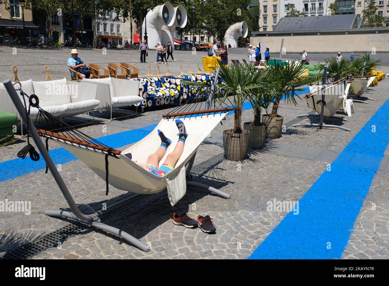 After having refurbished the Max Linder cinema (9th arrondissement) last April, the Swedish furniture company is back in business by taking over Place Georges-Pompidou on 30 June and 1 July. An opportunity for visitors to wait comfortably before accessing the Musée national d'art moderne.(Photo by Julien Mattia/NurPhoto) Stock Photo