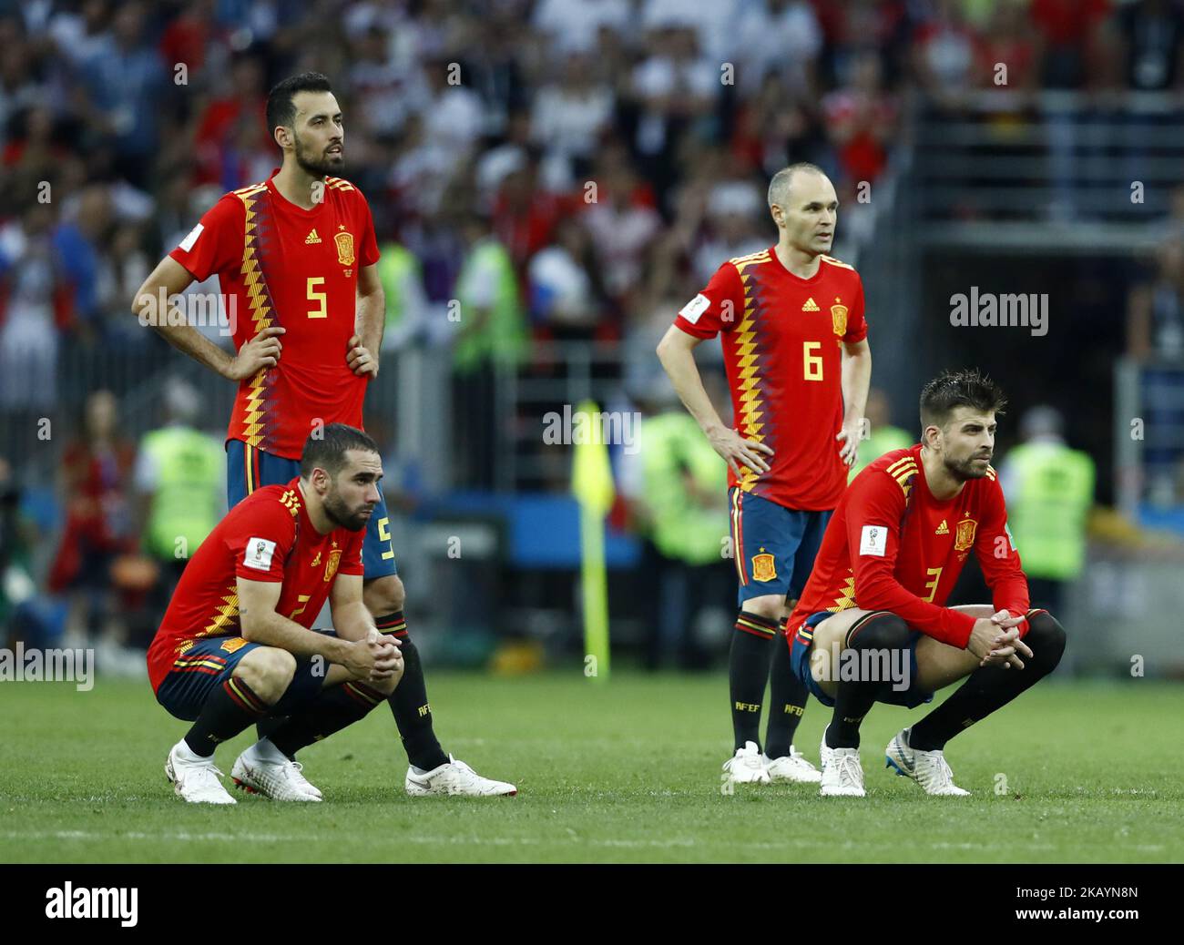 Round of 16 Russia v Spain - FIFA World Cup Russia 2018 Busquests, Carvajal, Pique and Iniesta (Spain) disappointment during the penalties at Luzhniki Stadium in Moscow, Russia on July 1, 2018. (Photo by Matteo Ciambelli/NurPhoto)  Stock Photo
