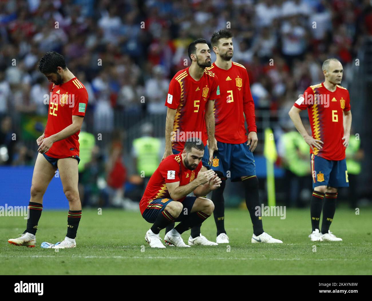 Round of 16 Russia v Spain - FIFA World Cup Russia 2018 Isco, Busquests, Carvajal, Pique and Iniesta disappointment during the penalties at Luzhniki Stadium in Moscow, Russia on July 1, 2018. (Photo by Matteo Ciambelli/NurPhoto)  Stock Photo
