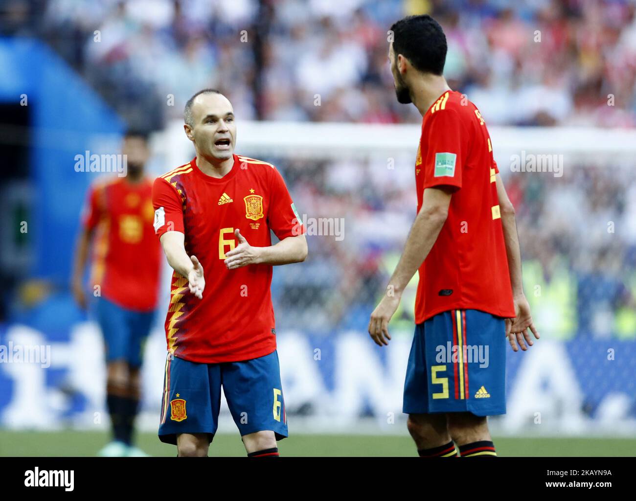 Round of 16 Russia v Spain - FIFA World Cup Russia 2018 Andres Iniesta (Spain) and Sergi Busquets (Spain) at Luzhniki Stadium in Moscow, Russia on July 1, 2018. (Photo by Matteo Ciambelli/NurPhoto)  Stock Photo