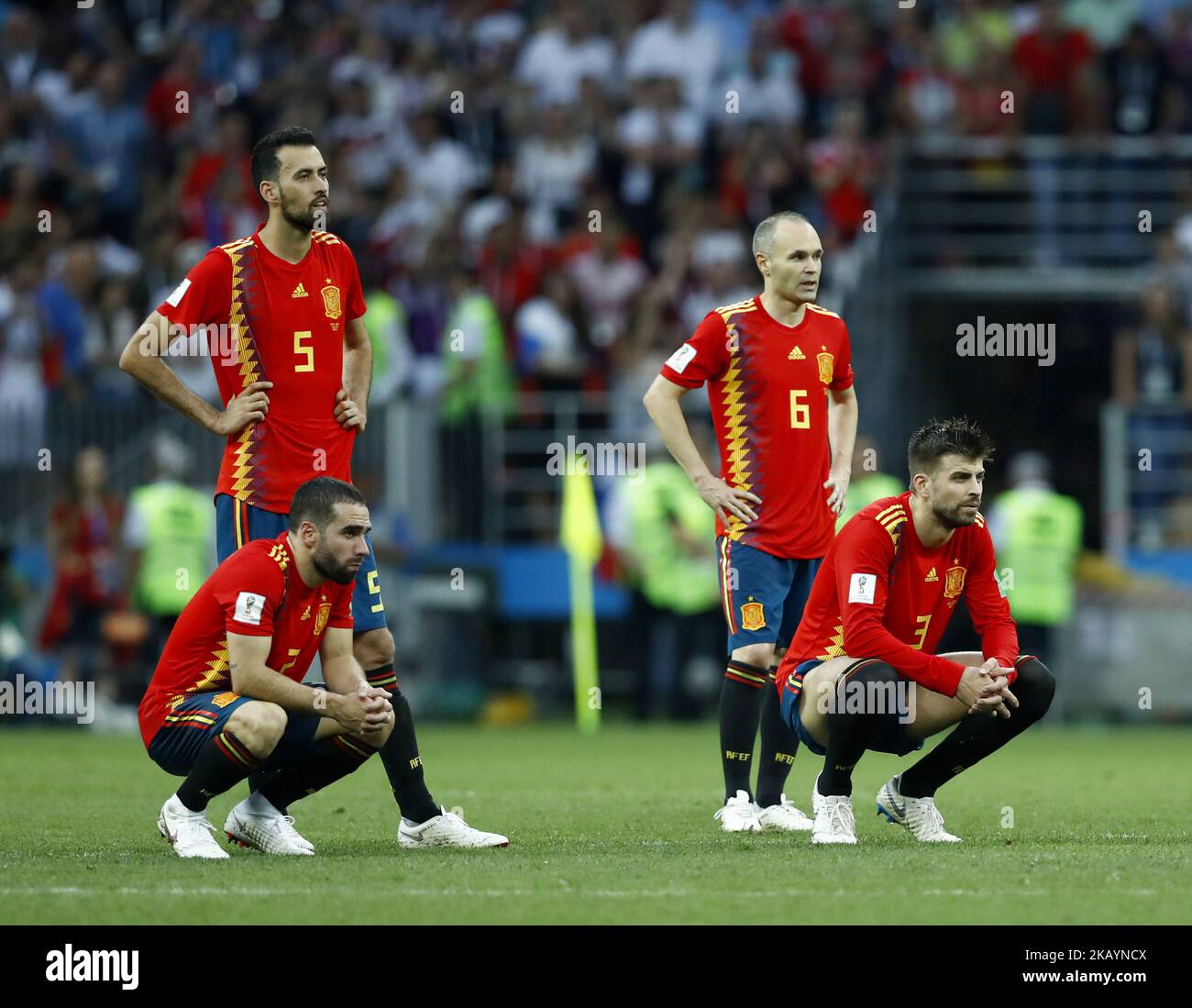 Round of 16 Russia v Spain - FIFA World Cup Russia 2018 Dani Carvajal, Sergi Busquets, Andres Iniesta and Gerard Pique (Spain) during the penalty shootout at Luzhniki Stadium in Moscow, Russia on July 1, 2018. (Photo by Matteo Ciambelli/NurPhoto)  Stock Photo