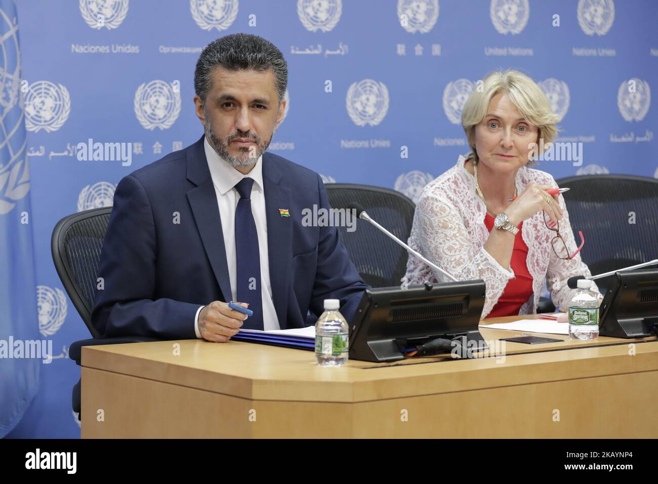 United Nations, New York, USA, June 29 2018 - Agnes Marcaillou, Director of the UN Mine Action Service (UNMAS), and Sacha Sergio Llorenty Soliz Permanent Representative of Bolivia to the United Nations, brief press ahead of the Security Council briefing on Mine Action today at the UN Headquarters in New York City. (Photo by Luiz Rampelotto/NurPhoto) Stock Photo