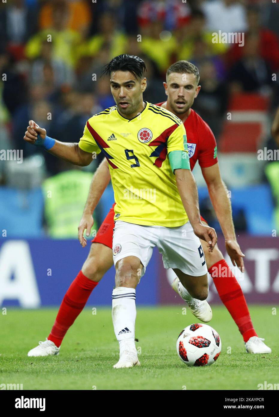 Radamel Falcao (Colombia) and Jordan Henderson (England) during the round of 16 match between Colombia and England at the FIFA World Cup 2018 at Spartak Stadium in Moscow, Russia, Tuesday, July 3, 2018. (Photo by Matteo Ciambelli/NurPhoto) Stock Photo