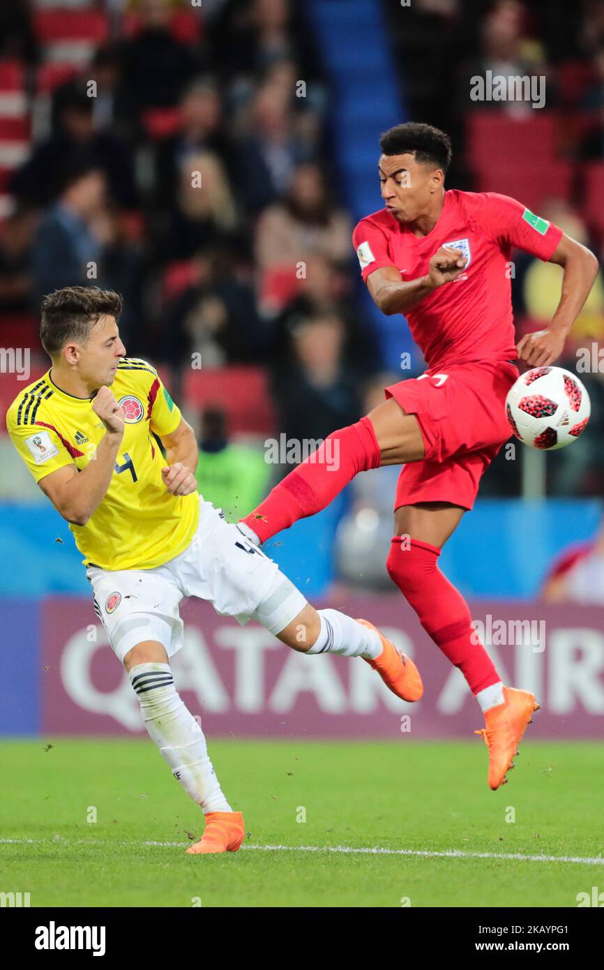 defender Santiago Arias of Colombia National team and midfielder Jesse Lingard of England National team during the round of 16 match between Colombia and England at the FIFA World Cup 2018 at Spartak Stadium in Moscow, Russia, Tuesday, July 3, 2018. (Photo by Anatolij Medved/NurPhoto) Stock Photo