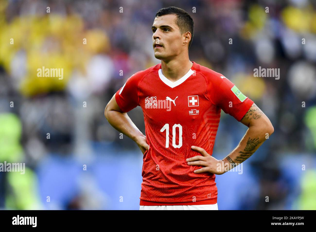 Granit Xhaka of Switzerland disappointed during the 2018 FIFA World Cup Round of 16 match between Sweden and Switzerland at Sankt Petersburg Stadium in Sankt Petersburg, Russia on July 3, 2018 (Photo by Andrew Surma/NurPhoto) Stock Photo