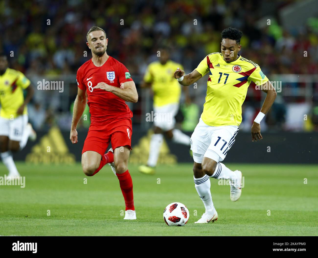 Round of 16 England v Colombia - FIFA World Cup Russia 2018 Jordan Henderson (England) and Johan Mojica (Colombia) at Spartak Stadium in Moscow, Russia on July 3, 2018. (Photo by Matteo Ciambelli/NurPhoto)  Stock Photo