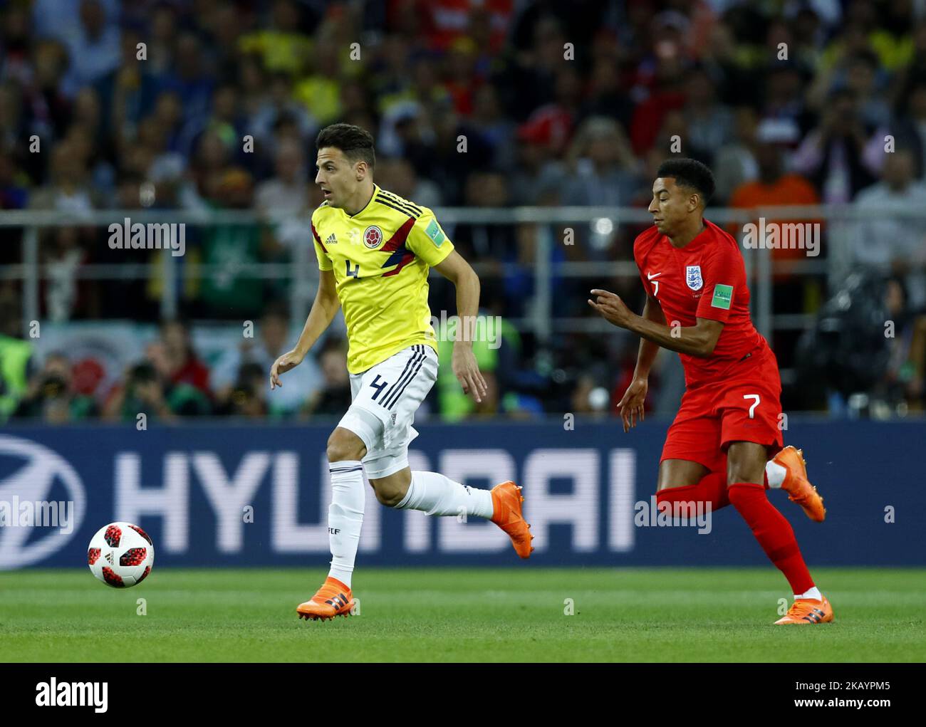 Round of 16 England v Colombia - FIFA World Cup Russia 2018 Santiago Arias (Colombia) and Jesse Lingard (England) at Spartak Stadium in Moscow, Russia on July 3, 2018. (Photo by Matteo Ciambelli/NurPhoto)  Stock Photo