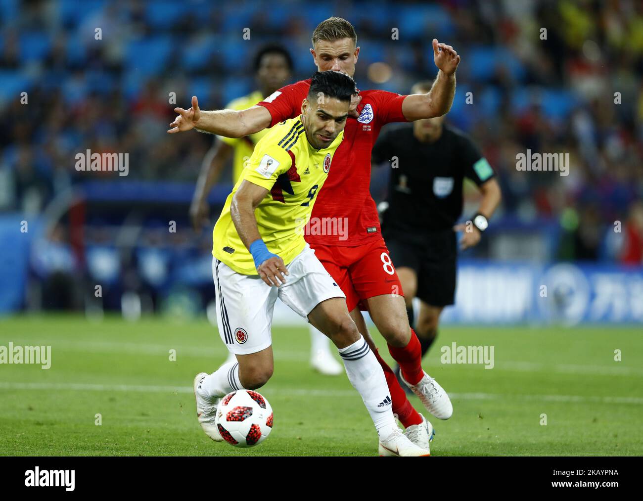 Round of 16 England v Colombia - FIFA World Cup Russia 2018 Radamel Falcao (Colombia) and Jordan Henderson (England) at Spartak Stadium in Moscow, Russia on July 3, 2018. (Photo by Matteo Ciambelli/NurPhoto)  Stock Photo