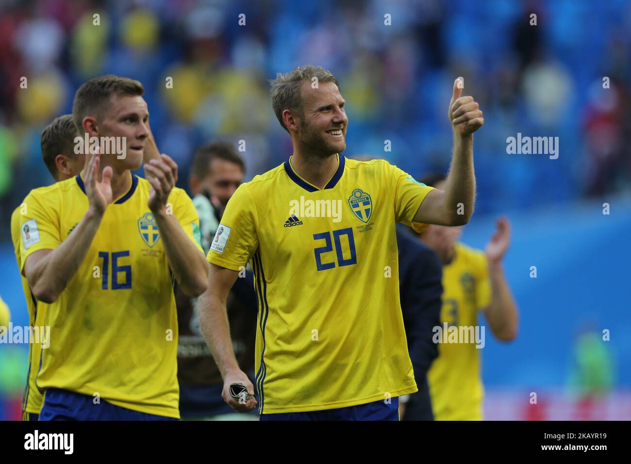 Emil Krafth and Ola Toivonen (R) of the Sweden national football team celebrates after the 2018 FIFA World Cup match, Round of 16 between Sweden and Switzerland at Saint Petersburg Stadium on July 03, 2018 in St. Petersburg, Russia. (Photo by Igor Russak/NurPhoto) Stock Photo