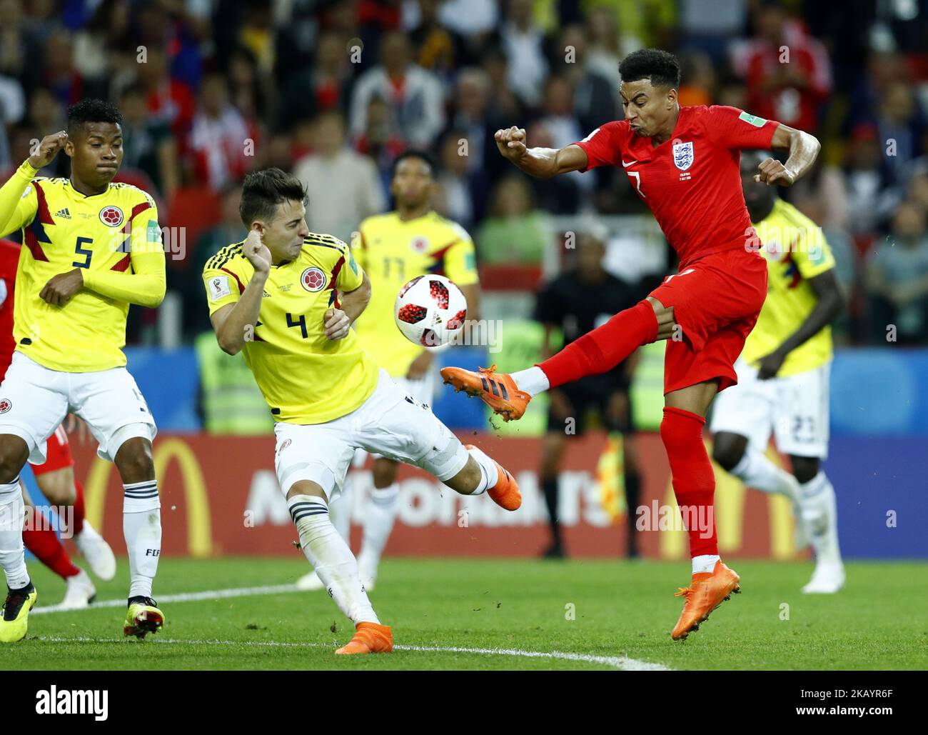 Round of 16 England v Colombia - FIFA World Cup Russia 2018 Santiago Arias (Colombia) tackles on Jesse Lingard (England) shooting at Spartak Stadium in Moscow, Russia on July 3, 2018. (Photo by Matteo Ciambelli/NurPhoto)  Stock Photo