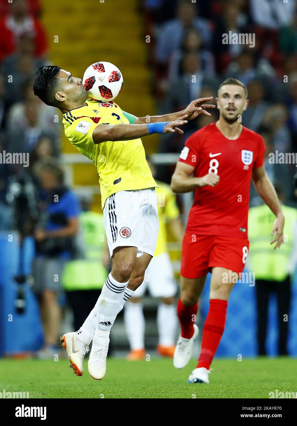 Round of 16 England v Colombia - FIFA World Cup Russia 2018 Radamel Falcao (Colombia) and Jordan Henderson (England) at Spartak Stadium in Moscow, Russia on July 3, 2018. (Photo by Matteo Ciambelli/NurPhoto)  Stock Photo