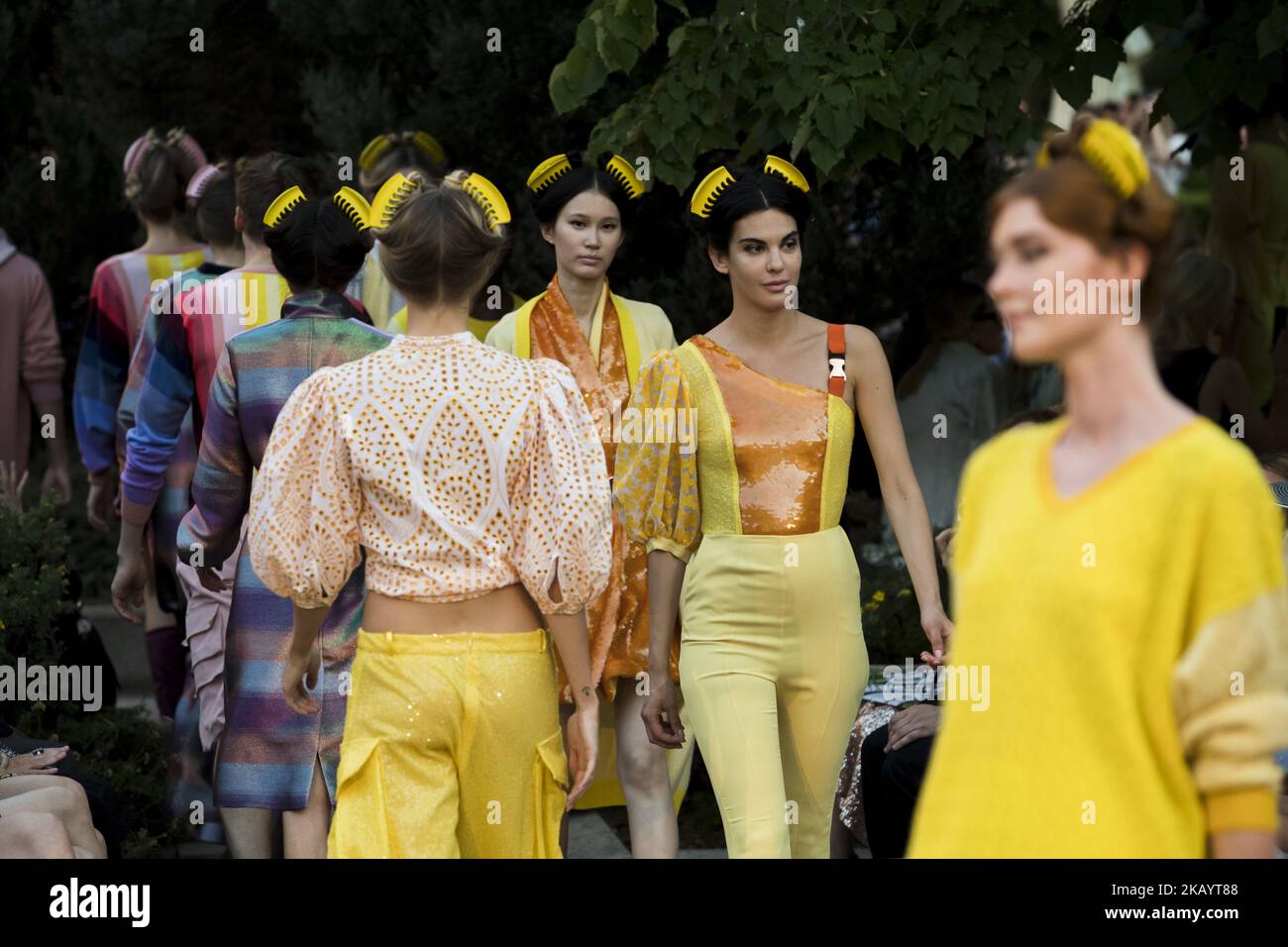 Models run the runway during the Marcel Ostertag fashion show during the Mercedes Benz Berlin Fashion Week Spring/Summer 2019 in Berlin, Germany on July 4, 2018. (Photo by Emmanuele Contini/NurPhoto) Stock Photo