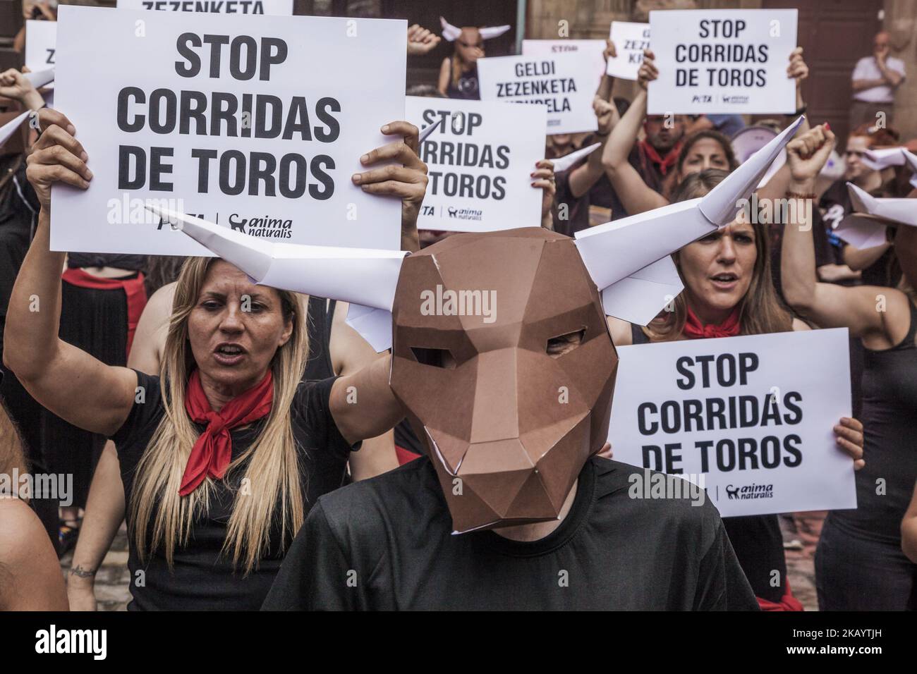 Protesters against animal cruelty in bull fightings before San Fermin celebrations in Pamplona, Spain. Banner says 'stop bullfightings' and some activists wear a paperboard bullhead mask. (Photo by Celestino Arce/NurPhoto) Stock Photo