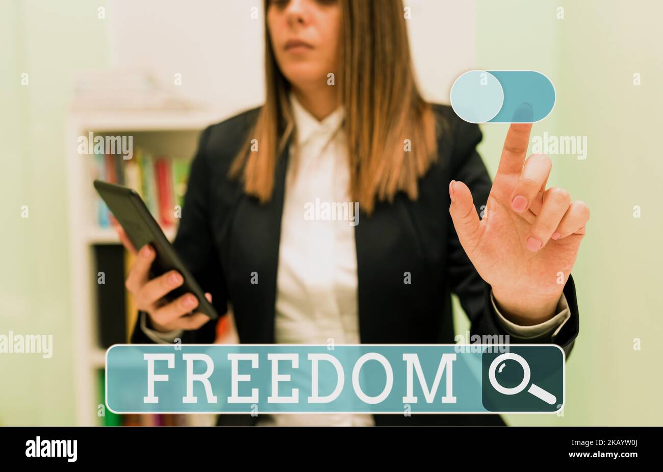 Hand writing sign Freedom. Internet Concept power or right to act speak or think as one wants without hindrance Businesswoman Holding Cellphone And Stock Photo