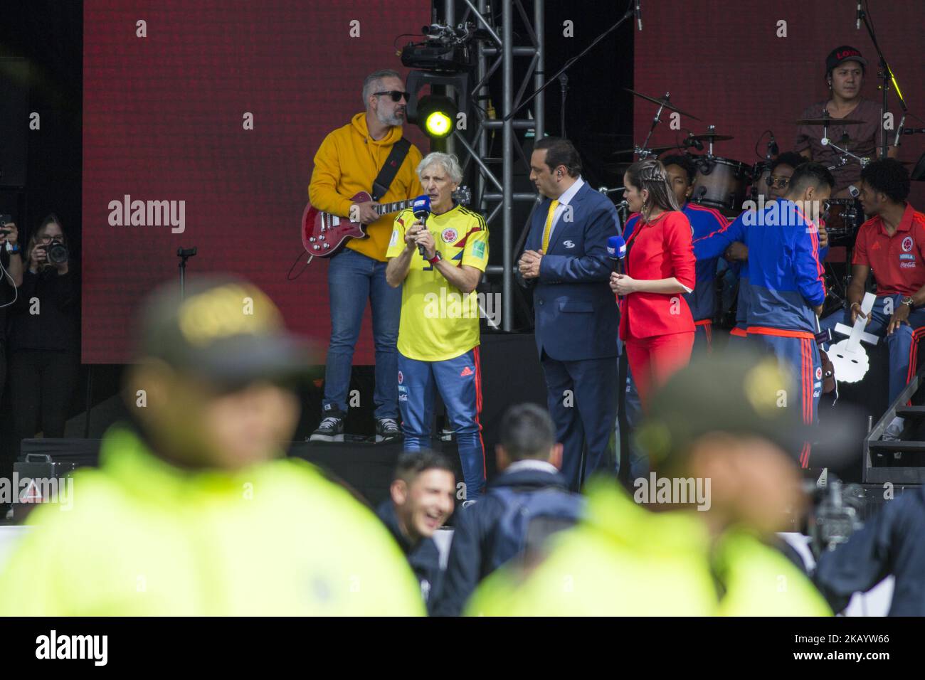 Coach Jose Pekerman and players in the welcome to the Colombia soccer team in the city of Bogotá, on July 5, 2018. (Photo by Daniel Garzon Herazo/NurPhoto) Stock Photo