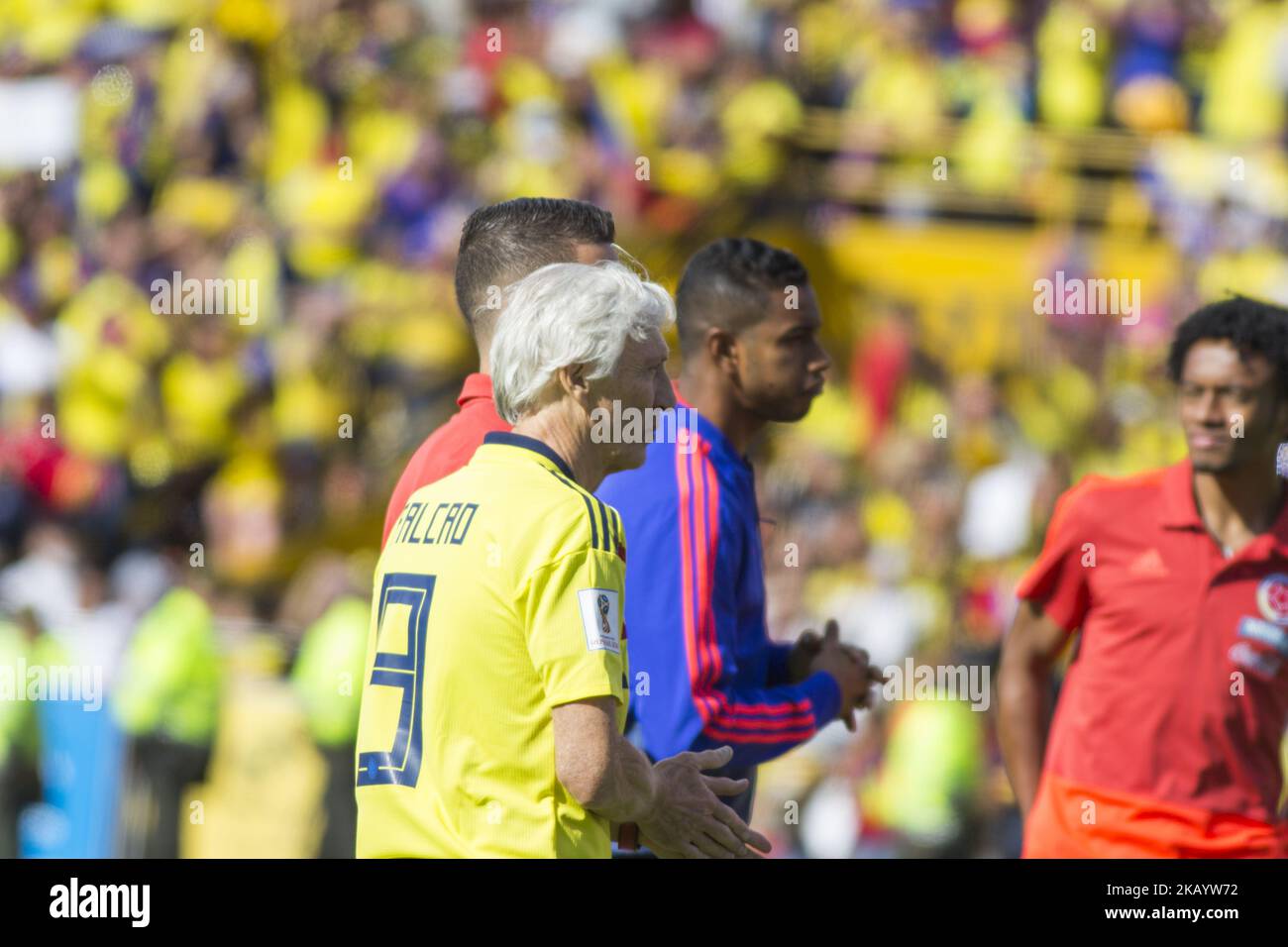 Coach Jose Pekerman and players in the welcome to the Colombia soccer team in the city of Bogotá, on July 5, 2018. (Photo by Daniel Garzon Herazo/NurPhoto) Stock Photo