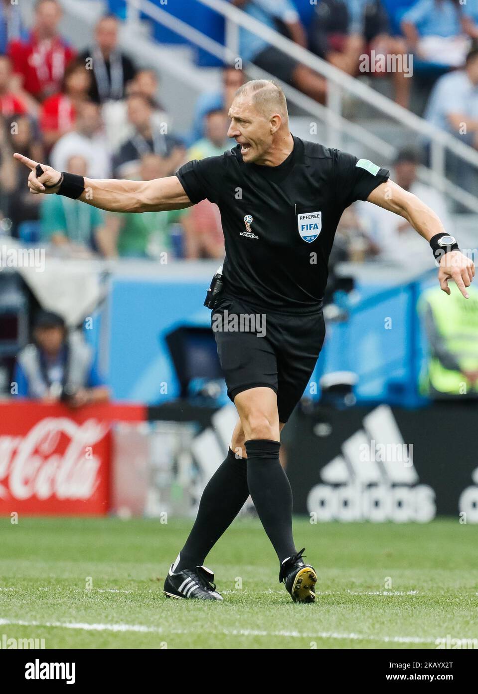 Referee Nestor Pitana gestures during the 2018 FIFA World Cup Russia Quarter Final match between Uruguay and France on July 6, 2018 at Nizhny Novgorod Stadium in Nizhny Novgorod, Russia. (Photo by Mike Kireev/NurPhoto) Stock Photo