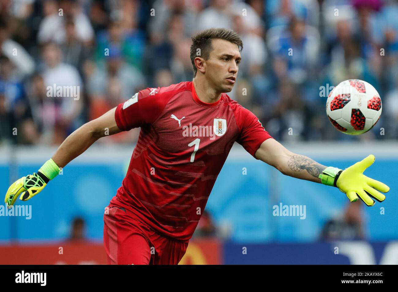 Fernando Muslera of Uruguay national team in action during the 2018 FIFA World Cup Russia Quarter Final match between Uruguay and France on July 6, 2018 at Nizhny Novgorod Stadium in Nizhny Novgorod, Russia. (Photo by Mike Kireev/NurPhoto) Stock Photo
