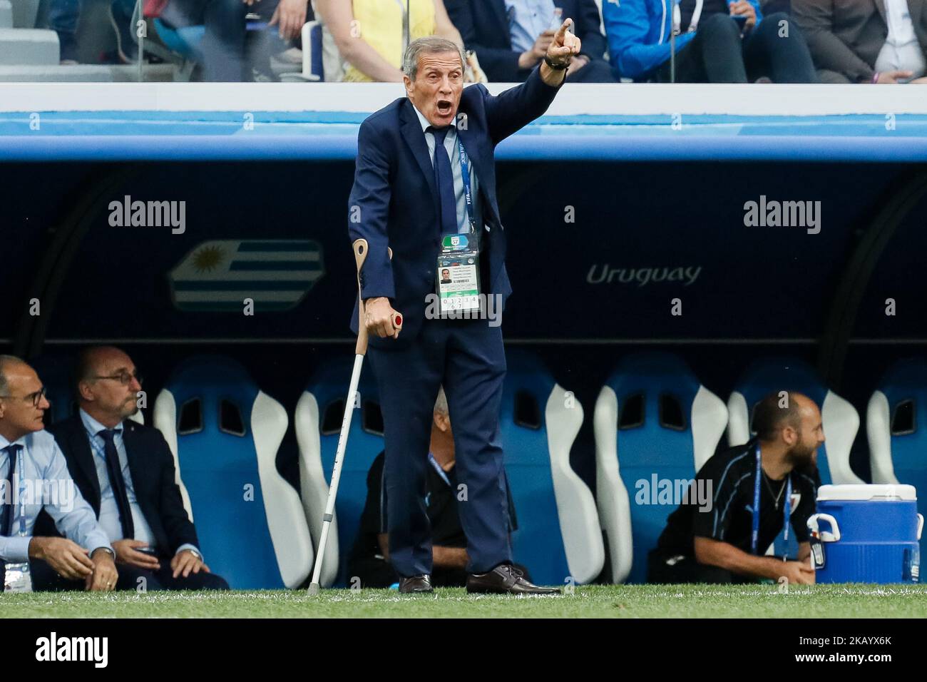 Uruguay national team head coach Oscar Tabarez gestures during the 2018 FIFA World Cup Russia Quarter Final match between Uruguay and France on July 6, 2018 at Nizhny Novgorod Stadium in Nizhny Novgorod, Russia. (Photo by Mike Kireev/NurPhoto) Stock Photo