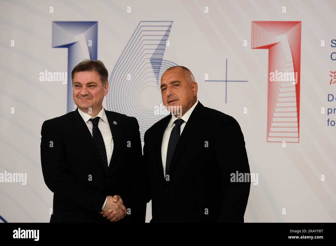 The Prime Minister of Bosnia and Herzegovina, Denis Zvizdic handshake with the Bulgarian Prime Minister Boyko Borisov, during The 7th CEEC and Summit of Heads of Government of Central and East European Economic Co-operation hold in the National Palace of Culture in Sofia, Bulgaria on July 07, 2018 (Photo by Hristo Rusev/NurPhoto) Stock Photo