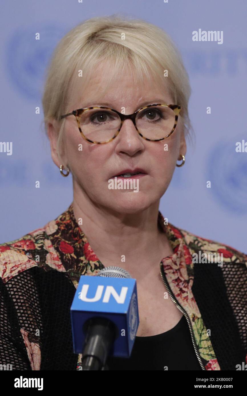 Minister for Foreign Affairs of Sweden Margot Wallstrom Presser on the Security Council meeting about Peace and security in Africa today at the UN Headquarters in New York, on July 10, 2018. (Photo by Luiz Rampelotto/NurPhoto) Stock Photo