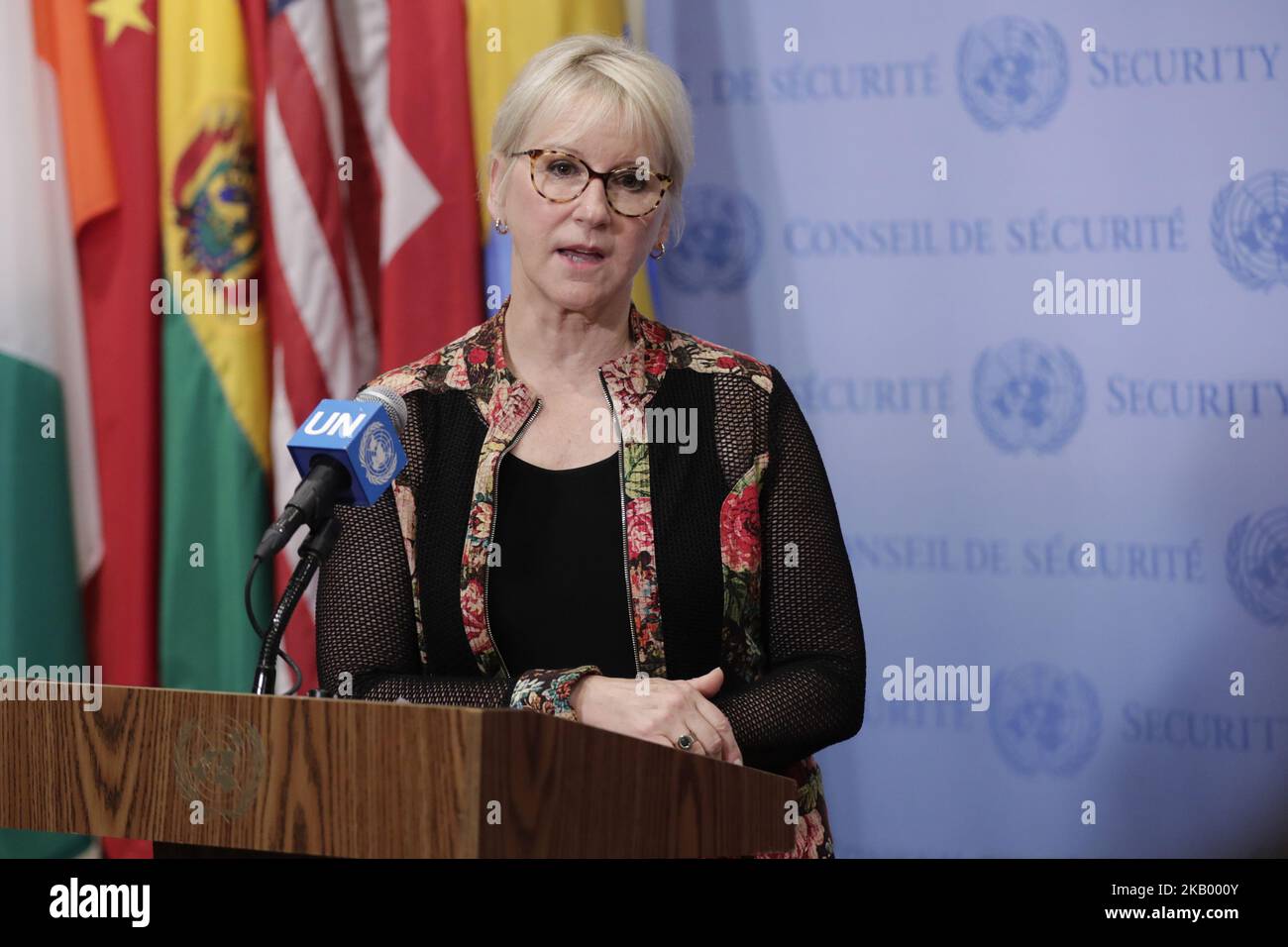 Minister for Foreign Affairs of Sweden Margot Wallstrom Presser on the Security Council meeting about Peace and security in Africa today at the UN Headquarters in New York, on July 10, 2018. (Photo by Luiz Rampelotto/NurPhoto) Stock Photo