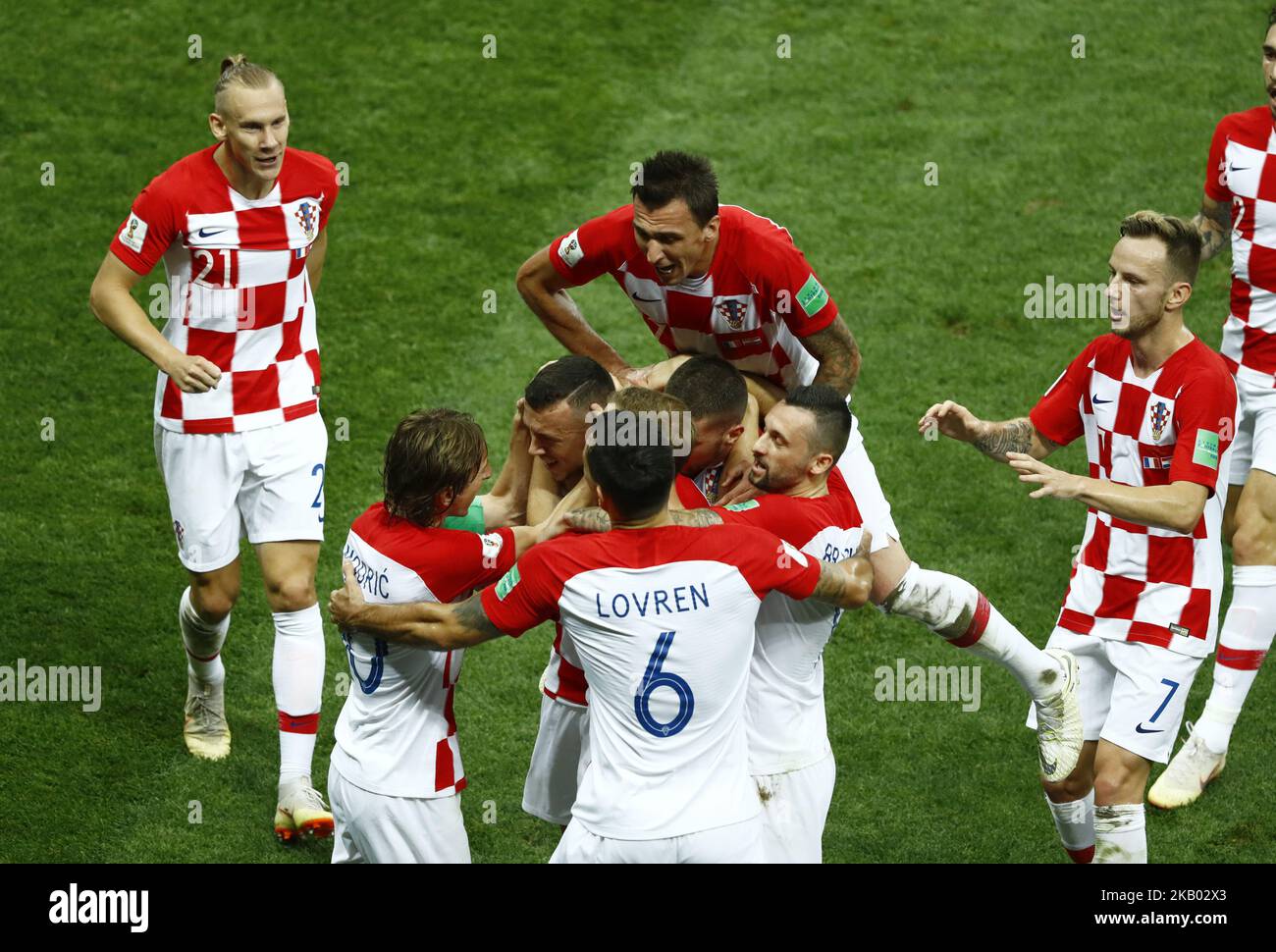 France v Croatia - FIFA World Cup Russia 2018 Final Ivan Perisic (Croatia) celebrate with the teammates after scoring the goal of 1-1 at Luzhniki Stadium in Moscow, Russia on July 15, 2018. (Photo by Matteo Ciambelli/NurPhoto)  Stock Photo