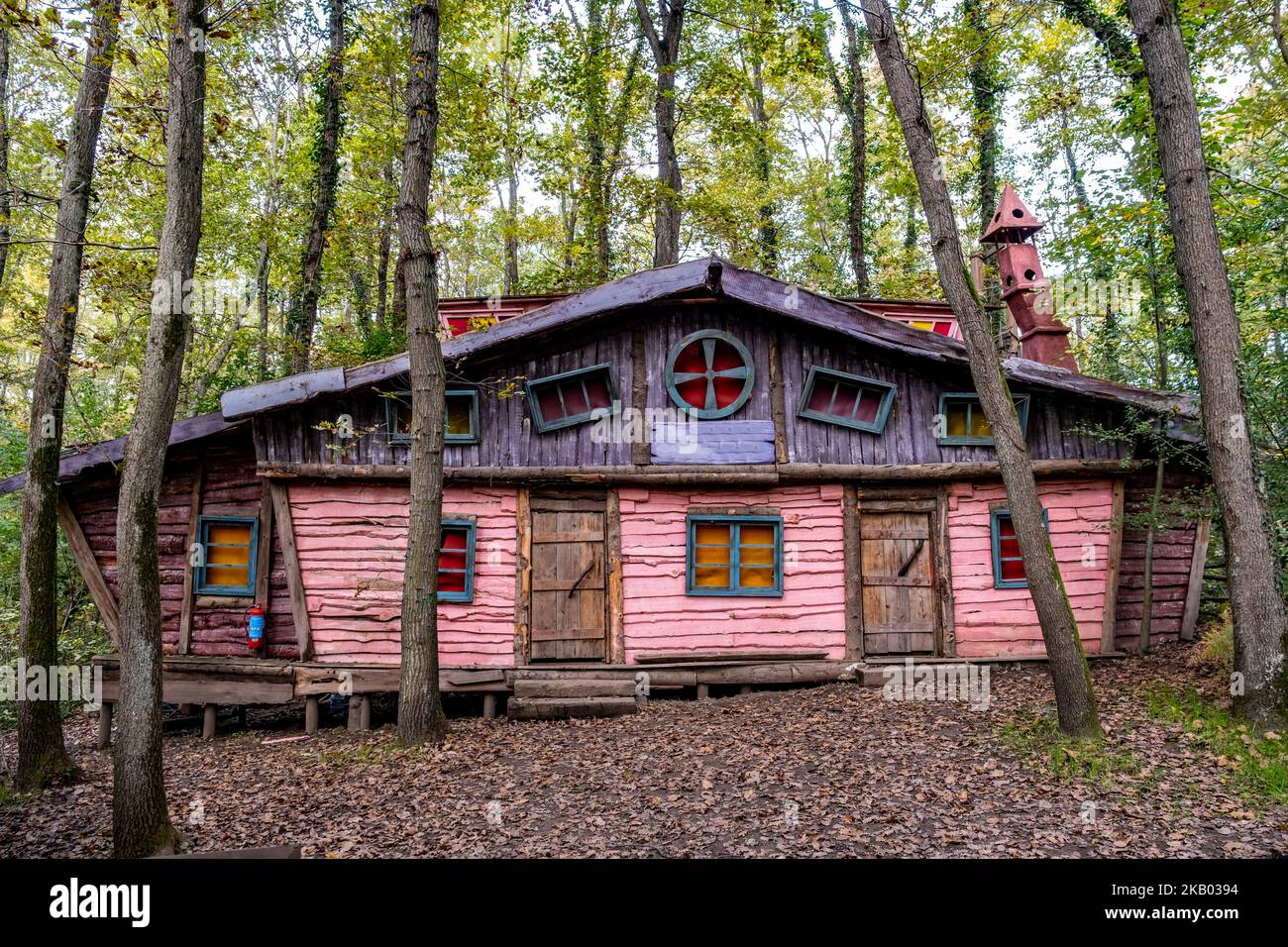 Izmit Ormanya City Park, Wooden colored houses inspired by the Hobbit film for tourism, Stock Photo
