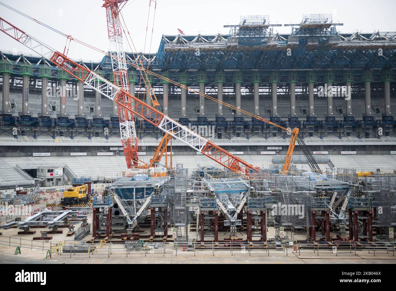 A general view during the Tokyo 2020 Olympic new National Stadium construction media tour on July 18, 2018 in Tokyo, Japan. The current tempature inside the stadium as 38.1 degrees celsius. 2020 Tokyo Olympics and Paralympics will be the first Olympic Games in Japan in 56 years since 1964. Opening and Closing ceremony will be held at this stadium. (Photo by Alessandro Di Ciommo/NurPhoto) Stock Photo