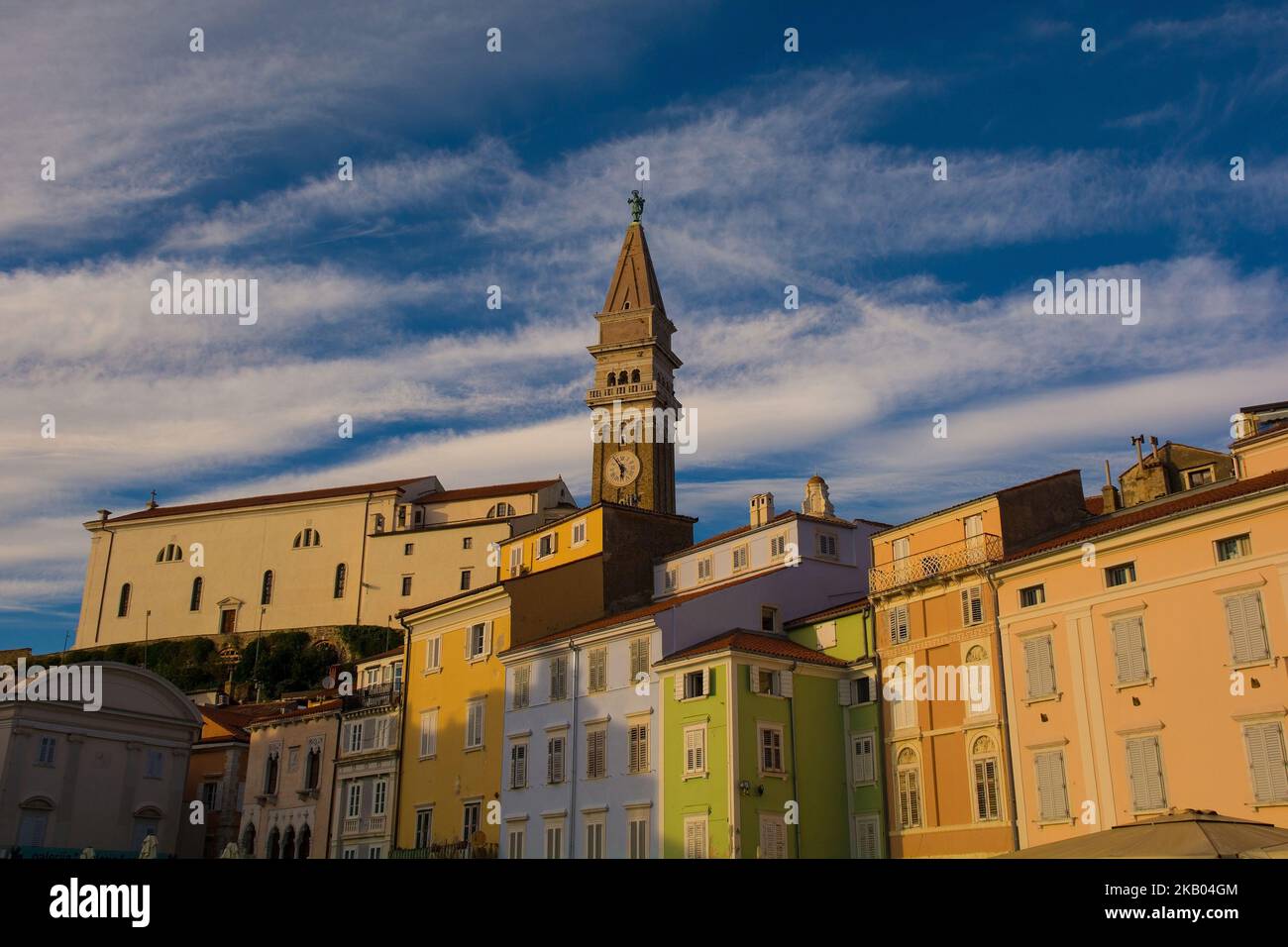Historic buildings in Tartini Square in the medieval centre of Piran on ...