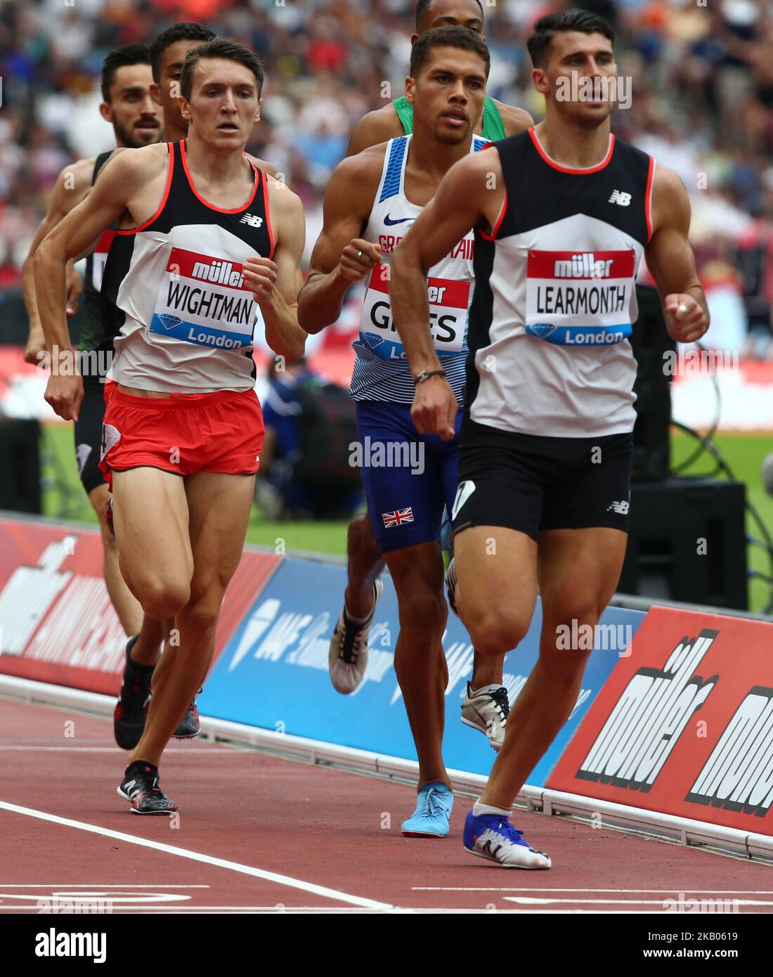 L-R Jake Wightman and Guy Learmonth of Great Britain Compete in the 800m Men during the Muller Anniversary Games IAAF Diamond League Day Two at The London Stadium on July 22, 2018 in London, England. (Photo by Action Foto Sport/NurPhoto) Stock Photo