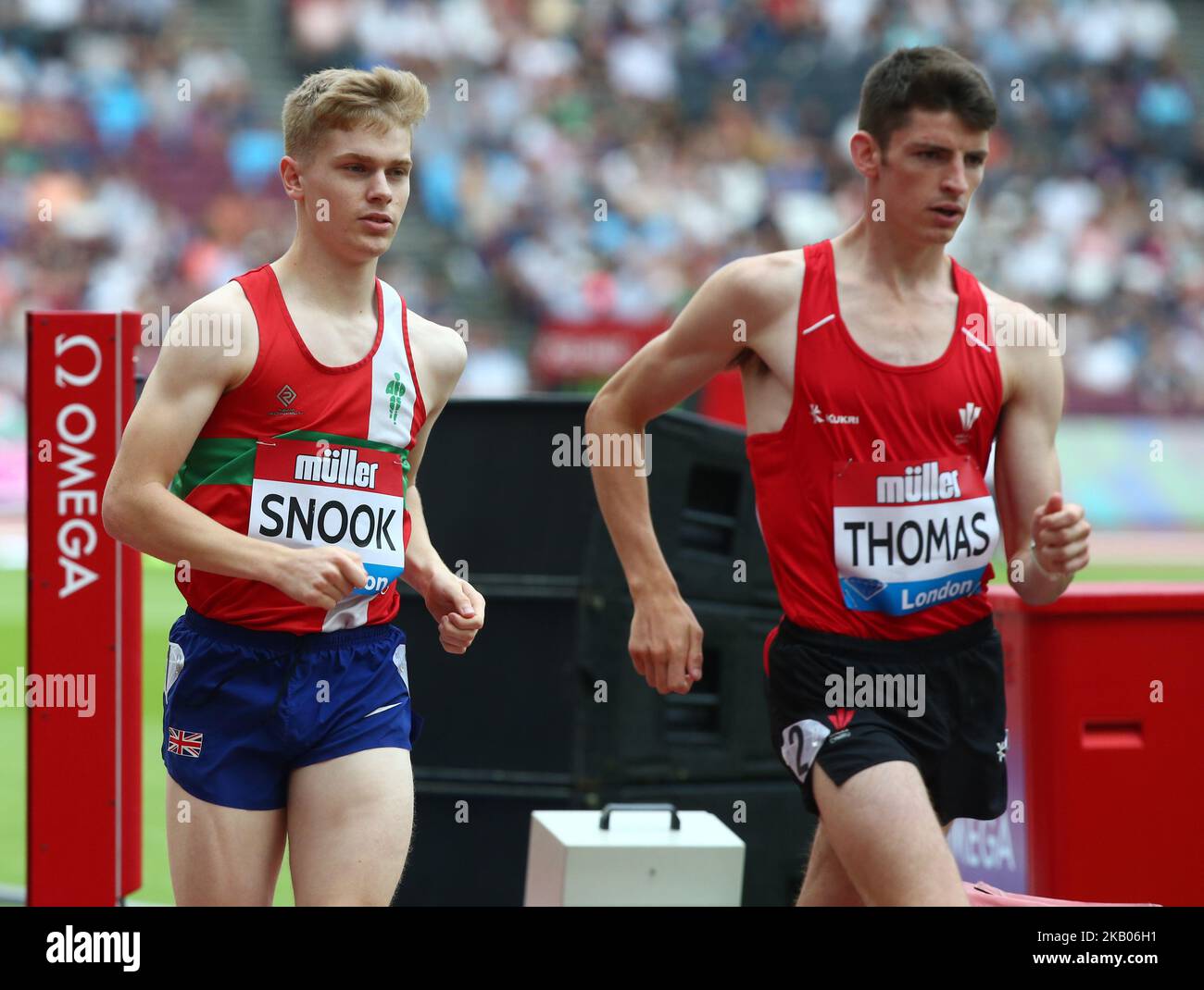 L-R Christopher Snook and Guy Thomas of Great Britain and Northern Ireland during the Muller Anniversary Games IAAF Diamond League Day One at The London Stadium on July 21, 2018 in London, England. (Photo by Action Foto Sport/NurPhoto) Stock Photo