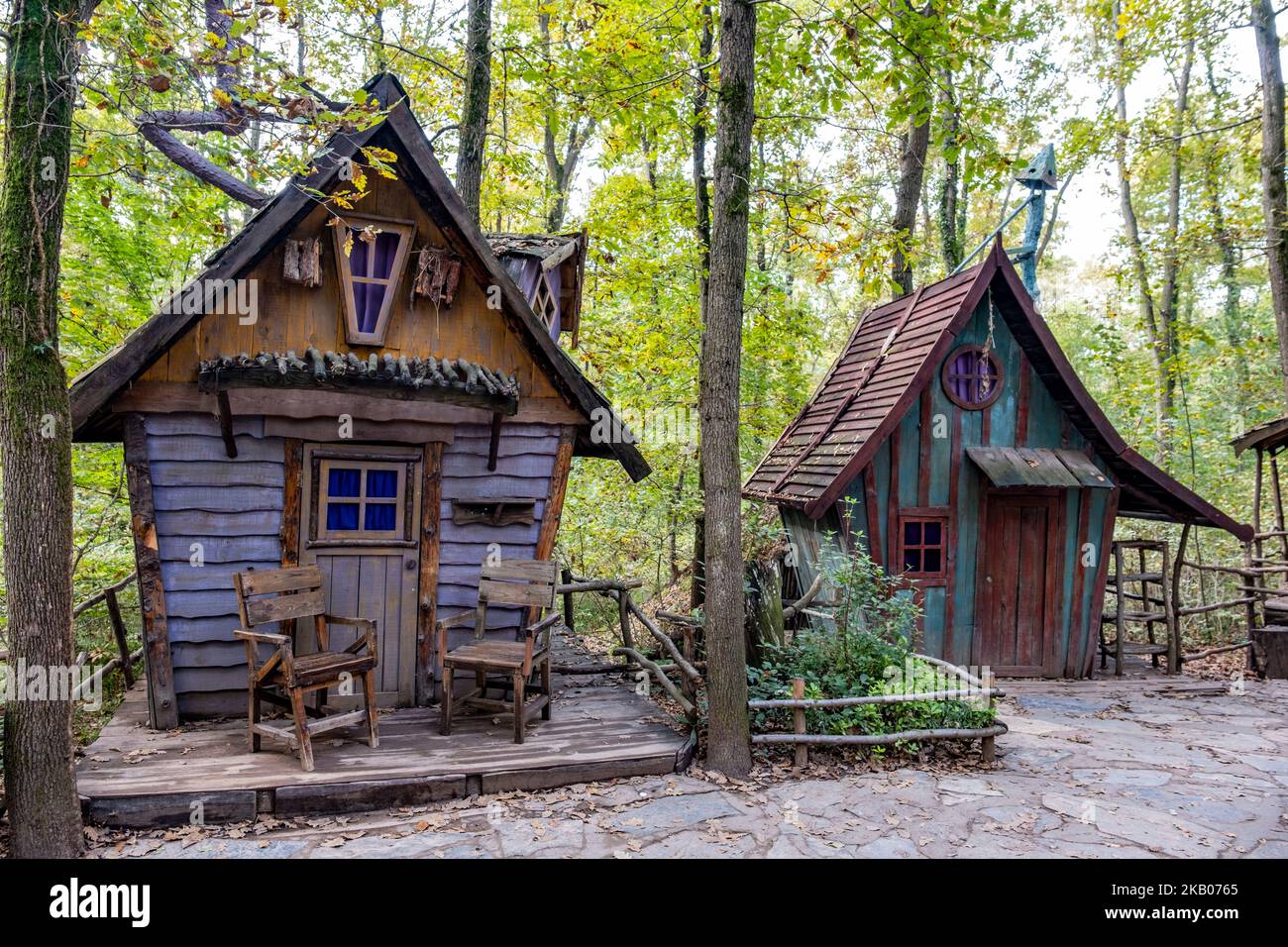 Izmit Ormanya City Park, Wooden colored houses inspired by the Hobbit film for tourism, Stock Photo