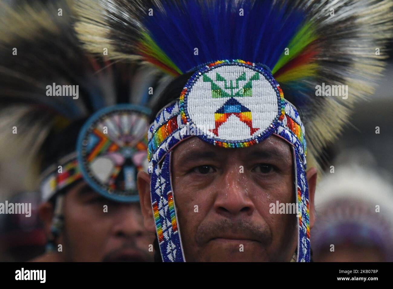 Members of the First Nations during the third annual traditional Pow Wow competition, at the K-Days Festival in Edmonton. Over 700 First Nations dancers from dozens of different tribes will be featured at K-Days in Edmonton over three days this week. On Tuesday, July 24, 2018, in Edmonton, Alberta, Canada. (Photo by Artur Widak/NurPhoto)  Stock Photo