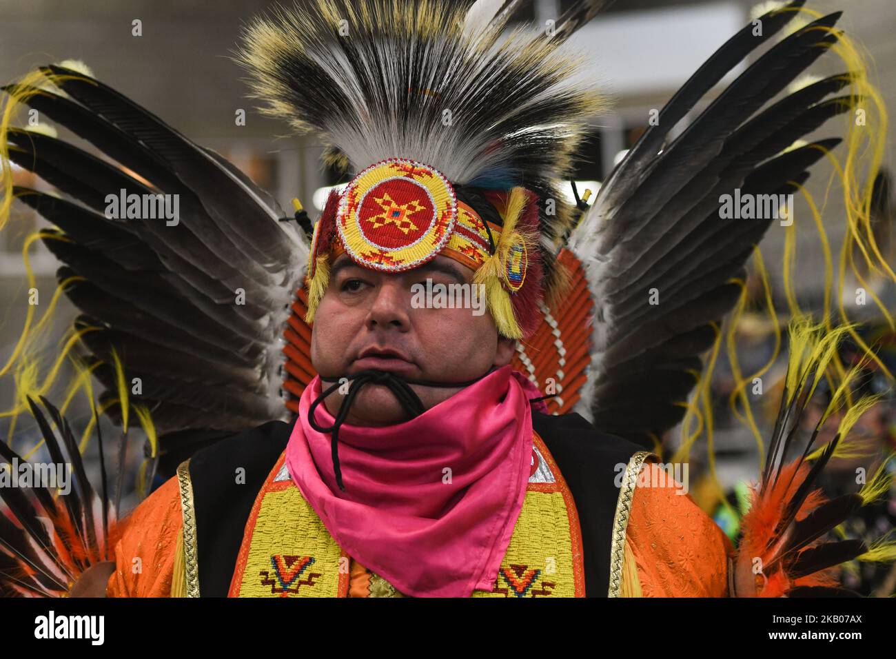 A member of the First Nations during the third annual traditional Pow Wow competition, at the K-Days Festival in Edmonton. Over 700 First Nations dancers from dozens of different tribes will be featured at K-Days in Edmonton over three days this week. On Tuesday, July 24, 2018, in Edmonton, Alberta, Canada. (Photo by Artur Widak/NurPhoto)  Stock Photo