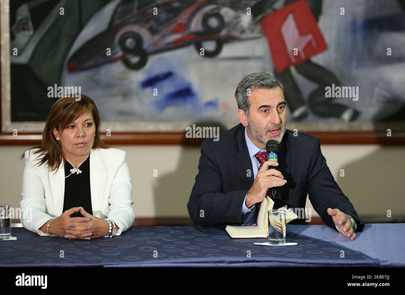 The Rapporteur for Freedom of the Press of the CIDH, Édison Lanza, raises the truth about the kidnapping and subsequent murder of journalists from El Comercio newspaper in Quito, Ecuador on July 26, 2018. Ricardo Rivas photographer's brother murdered at the Colombian border asks for transparency in the process.(Photo by Carlos Arias/PressSouth/NurPhoto) Stock Photo