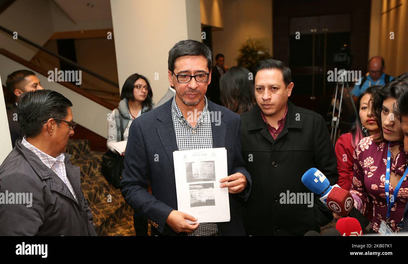 The Rapporteur for Freedom of the Press of the CIDH, Édison Lanza, raises the truth about the kidnapping and subsequent murder of journalists from El Comercio newspaper in Quito, Ecuador on July 26, 2018. Ricardo Rivas photographer's brother murdered at the Colombian border asks for transparency in the process.(Photo by Carlos Arias/PressSouth/NurPhoto) Stock Photo