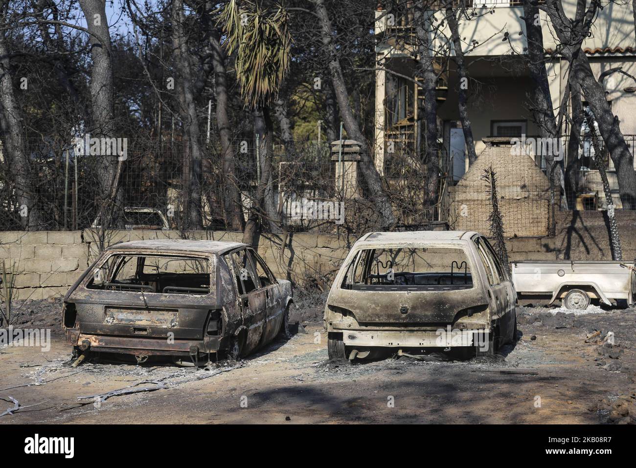 Pictures of destroyed and burnt cars from the fire in Mati, Attica on