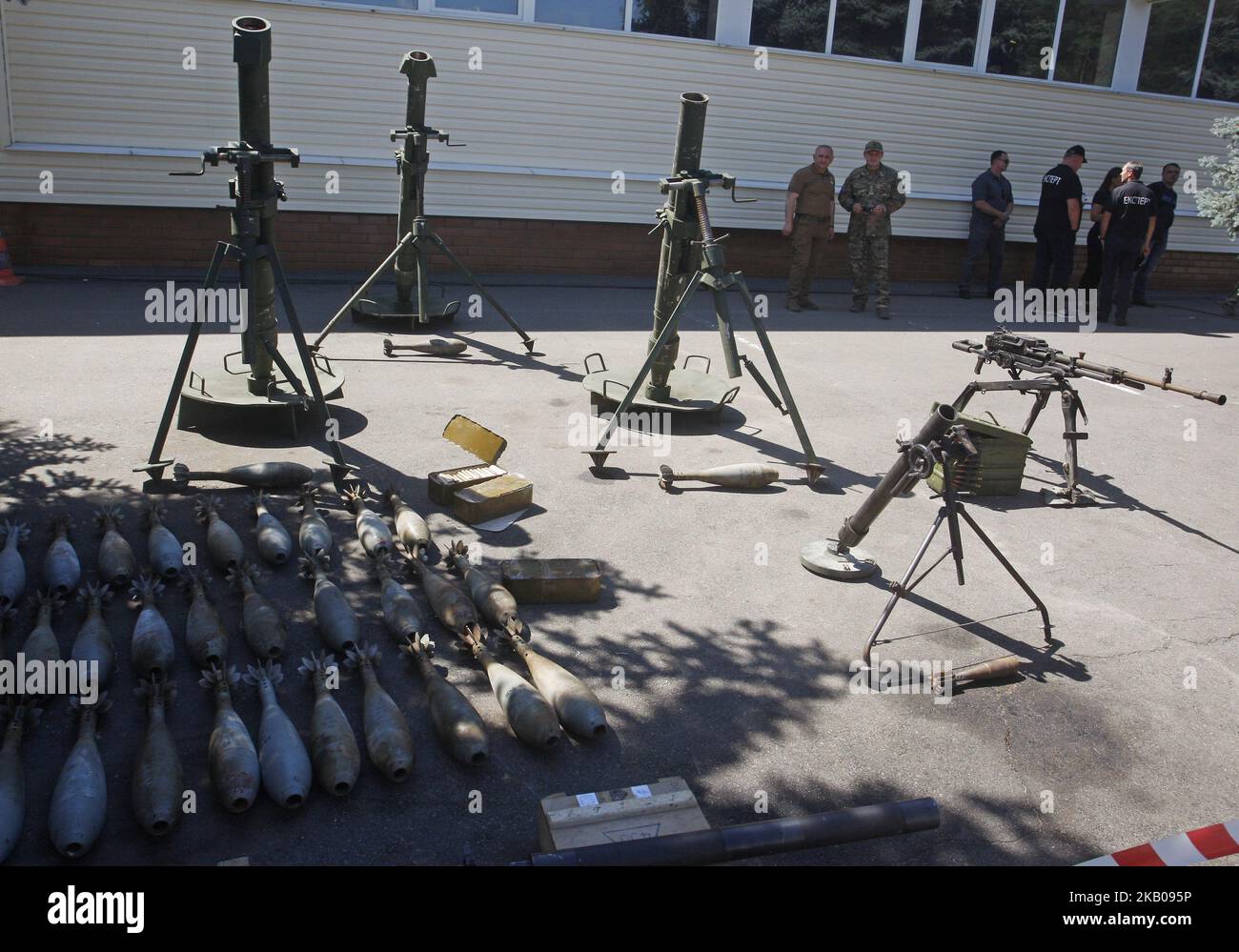 A view of the weapons and ammunition presented to journalists as confiscated from former MP Nadiya Savchenko and Head of the Center for the Liberation of Captives 'Officers' Corps' Volodymyr Ruban, during joint a press conference of SBU and the Prosecutor General's Office at the Ukrainian Security Service base near Kiev, Ukraine, 2 August, 2018. Nadiya Savchenko and Volodymyr Ruban are accused of planning 'a large-scale terrorist act' in Kiev with the use of 120mm calibre mortars, small arms, sniper rifles, combat grenades for the overthrow of the constitutional system and seizure of state pow Stock Photo