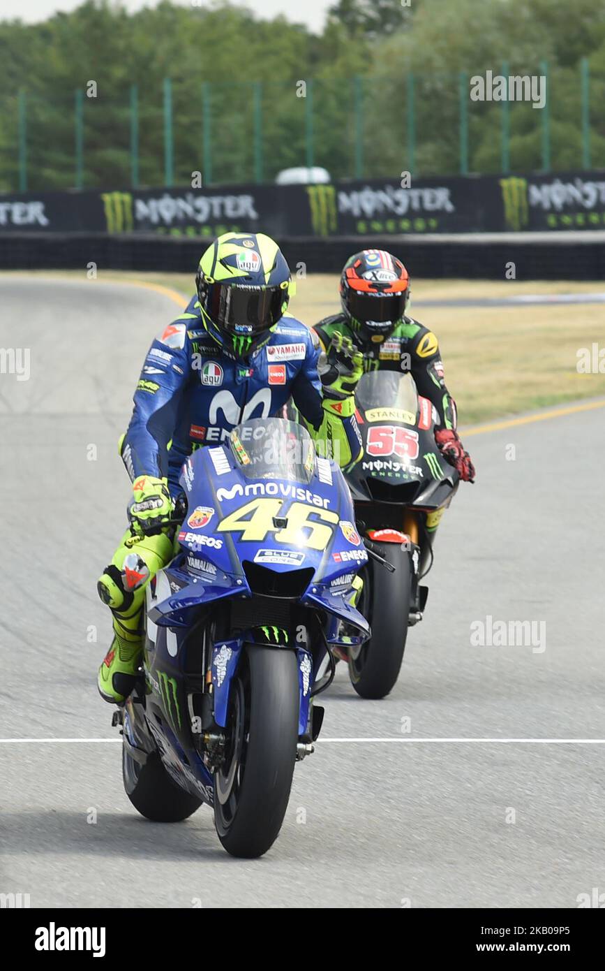 46 Italian driver Valentino Rossi of Team Movestar Yamaha MotoGP and 5 French driver Johann Zarco of Team Monster Yamaha Tech 3 after race in Brno Circuit for Czech Republic Grand Prix in Brno, Czech Republic on August 5, 2018. (Photo by Andrea Diodato/NurPhoto) Stock Photo