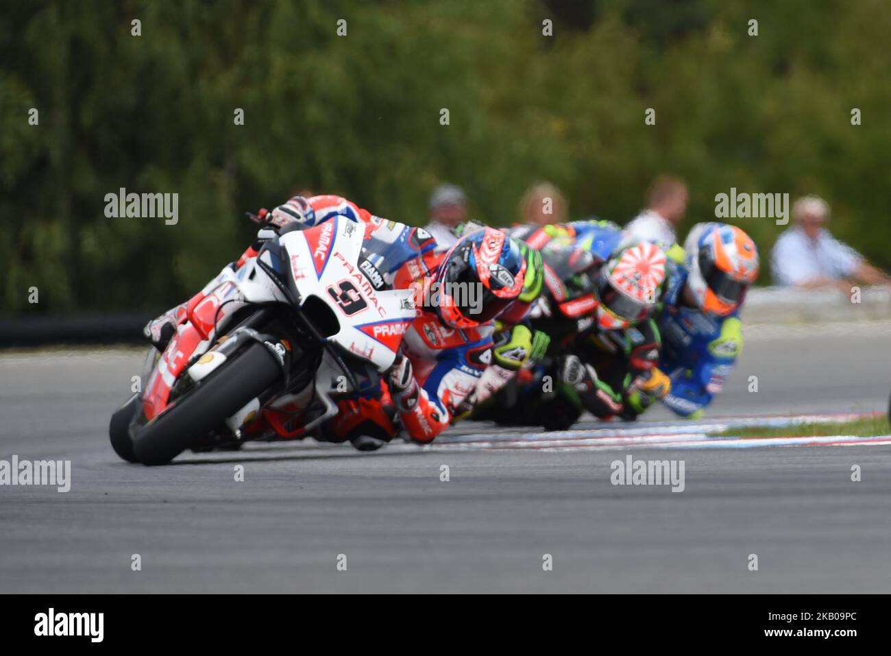 9 Italian driver Danilo Petrucci of Team Octo Pramac Racing, 35 English driver Cal Crutchlow of Team LCR Honda, 5 French driver Johann Zarco of Team Monster Yamaha Tech 3 and 42 Spanish driver Alex Rins of Team Suzuki ECSTAR during race in Brno Circuit for Czech Republic Grand Prix in Brno, Czech Republic on August 5, 2018. (Photo by Andrea Diodato/NurPhoto) Stock Photo